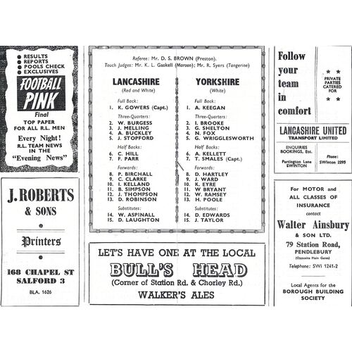 1965 Lancashire v Yorkshire (10/11/1965) Northern Rugby League County Championship Programme
