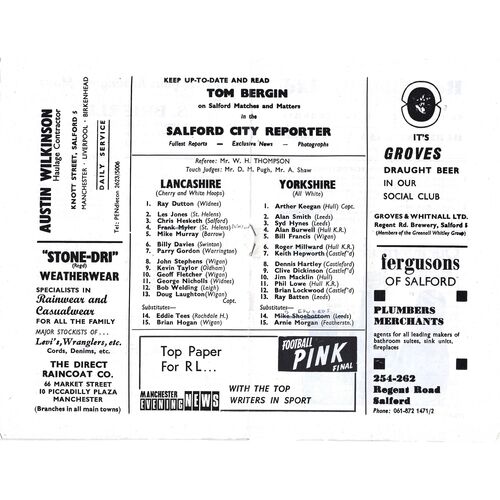 1969 Lancashire v Yorkshire (03/09/1969) Northern Rugby League County Championship Programme