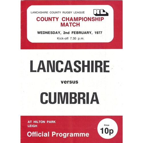 1977 Lancashire v Cumbria (02/02/1977) Northern Rugby League County Championship Programme