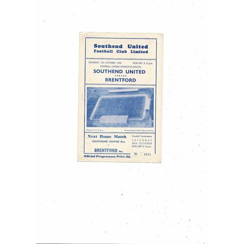 1956/57 Southend United v Brentford Football Programme