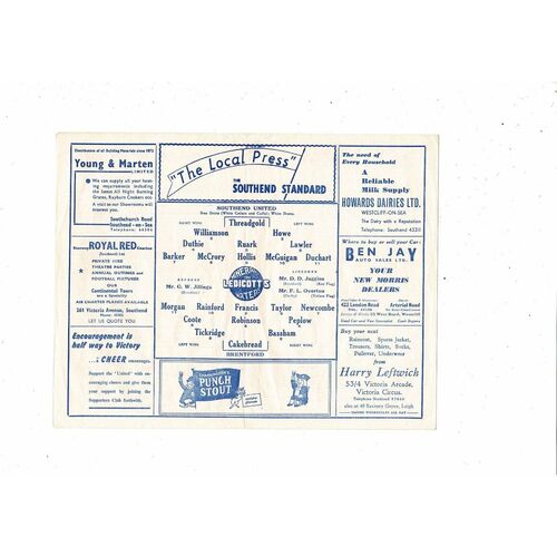 1956/57 Southend United v Brentford Football Programme