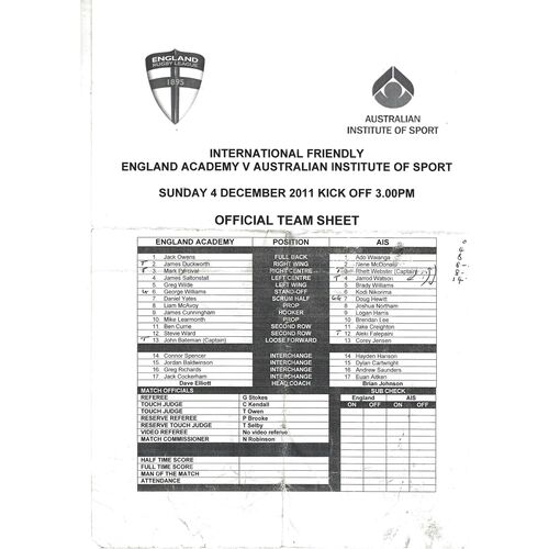 2011 England Academy v Australian Institute of Sport (04/11/2011) Team Sheet (handwriting)