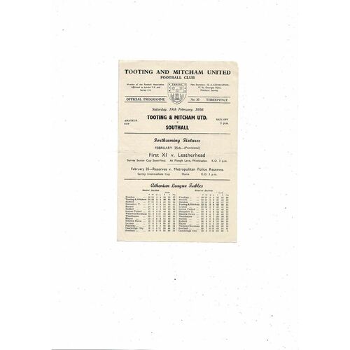 1955/56 Tooting & Mitcham United v Southall Amateur Cup Football Programme