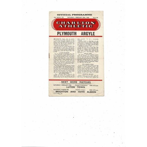 1959/60 Charlton Athletic v Plymouth Argyle Football Programme