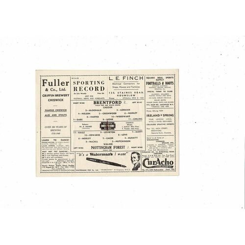 1948/49 Brentford v Nottingham Forest Football Programme