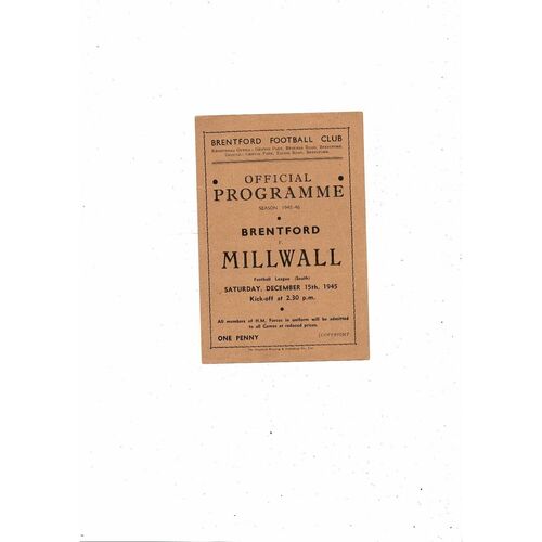 1945/46 Brentford v Millwall Football Programme