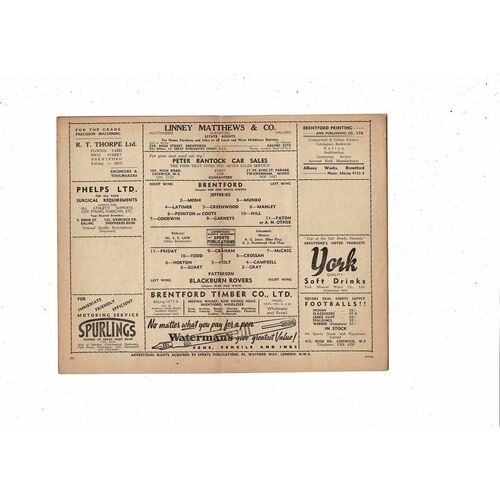 1950/51 Brentford v Blackburn Rovers Football Programme