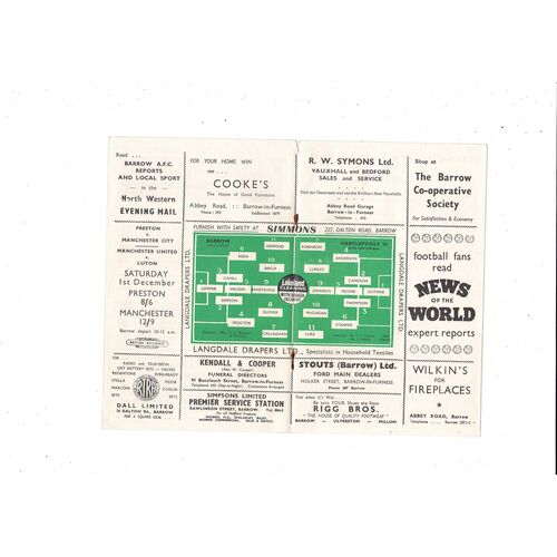 1956/57 Barrow v Hartlepool Football Programme