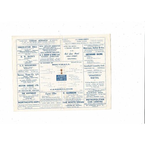 1956/57 Southall v Carshalton Athletic Athenian League Football Programme