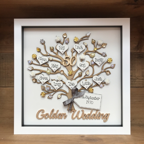 Personalised Wedding Anniversary Gift – Custom Family Tree Frame with Names, Pearls & Optional Lights