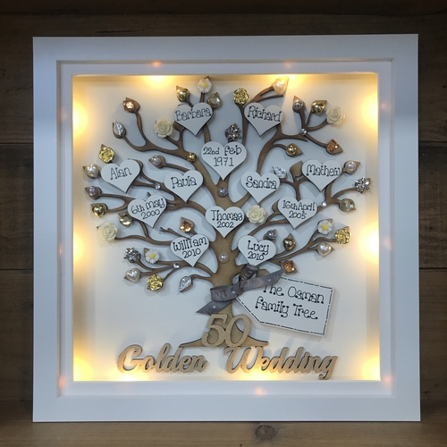 Personalised Wedding Anniversary Gift – Custom Family Tree Frame with Names, Pearls & Optional Lights