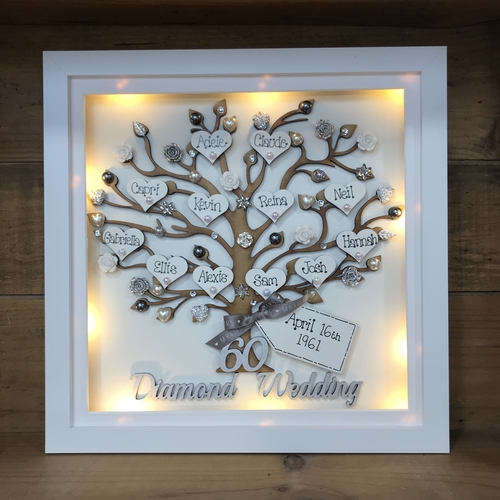 Personalised Wedding Anniversary Gift – Custom Family Tree Frame with Names, Pearls & Optional Lights