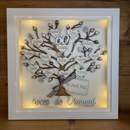 Personalised Wedding Anniversary Gift – Custom Family Tree Frame with Names, Pearls & Optional Lights