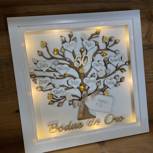 Personalised Wedding Anniversary Gift – Custom Family Tree Frame with Names, Pearls & Optional Lights
