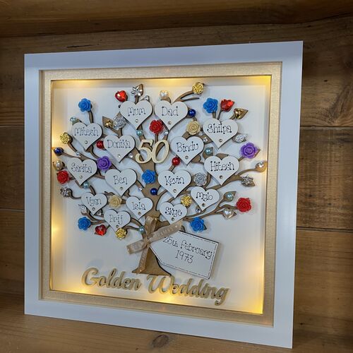 Personalised Wedding Anniversary Gift – Custom Family Tree Frame with Names, Pearls & Optional Lights