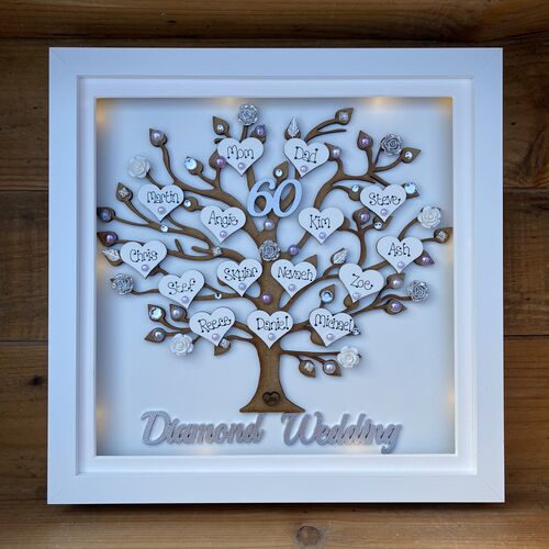Personalised Wedding Anniversary Gift – Custom Family Tree Frame with Names, Pearls & Optional Lights