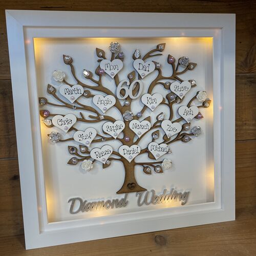 Personalised Wedding Anniversary Gift – Custom Family Tree Frame with Names, Pearls & Optional Lights