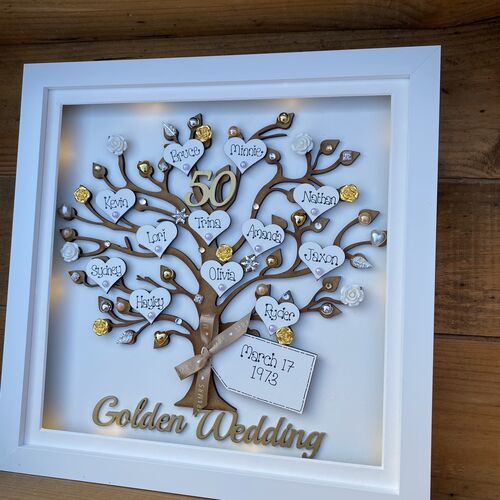 Personalised Anniversary Gift – Custom Family Tree Frame with Names, Pearls & Optional Lights