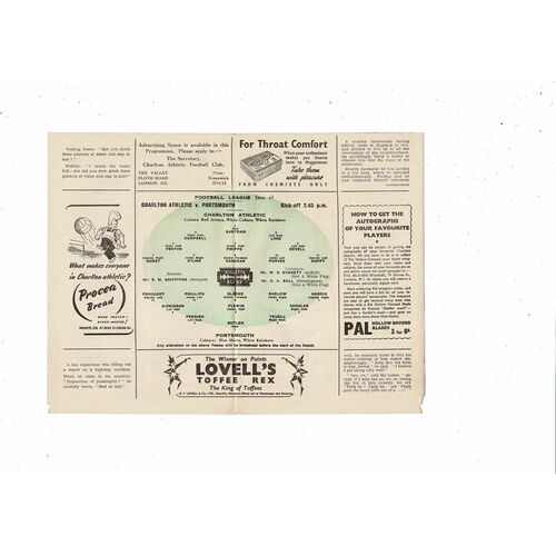 1948/49 Charlton Athletic v Portsmouth Football Programme