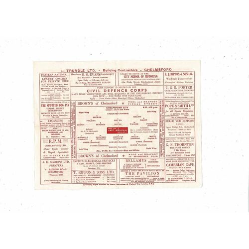 Chelmsford City v All Star X1 Les Dicker Testimonial Football Programme 1959/60