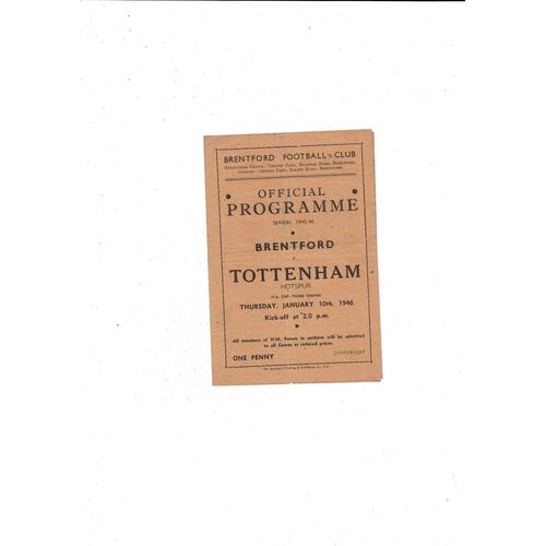1945/46 Brentford v Tottenham Hotspur Football Programme