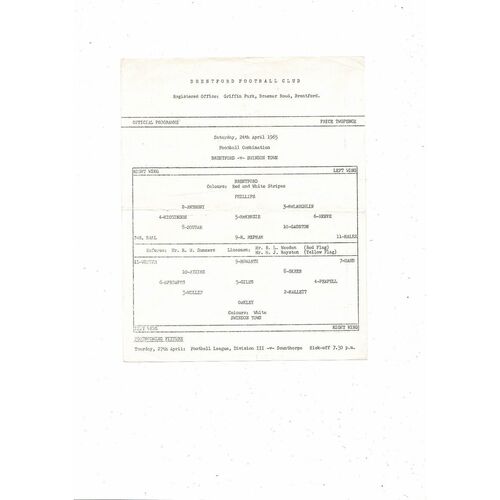 Brentford v Swindon Town Football Combination Programme 1964/65