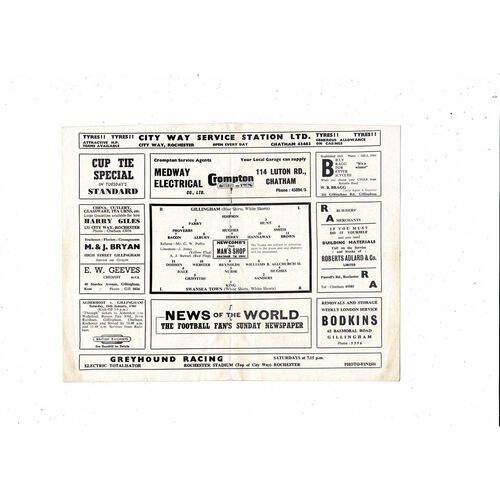 1959/60 Gillingham v Swansea FA Cup Football Programme