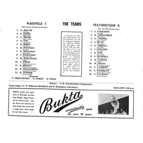 1962 Featherstone Rovers v Wakefield Trinity (11/04/1962) Rugby League Challenge Cup Semi Final Rugby League Programme