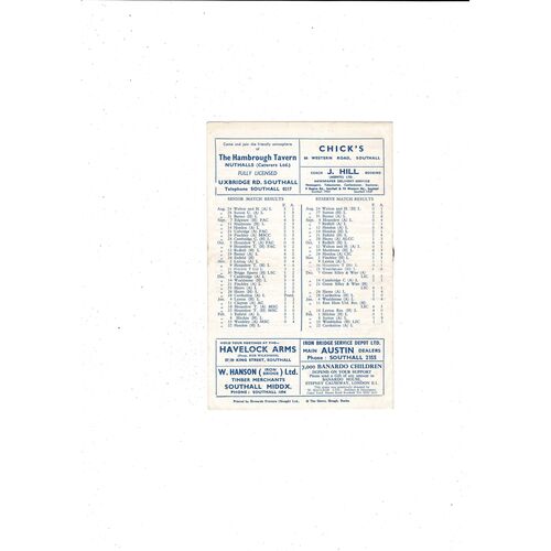 1957/58 Southall v Hendon Athenian League Football Programme
