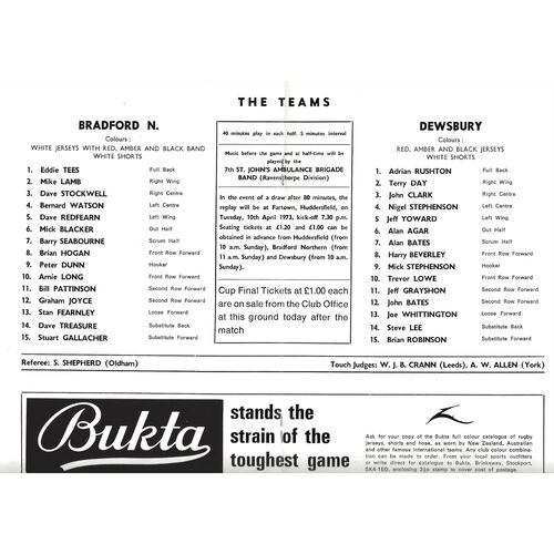 1973 Bradford Northern v Dewsbury (07/04/1973) Rugby League Challenge Cup Semi Final Rugby League Programme
