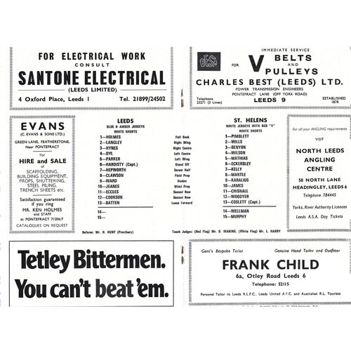 1973 Leeds v St. Helens (13/01/1973) Player's No. 6 Trophy Competition Semi-Final Rugby League Programme