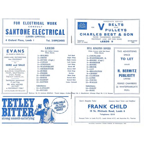 1970 Leeds v Hull Kingston Rovers (01/12/1970) B.B.C Floodlight Competition Semi-Final Rugby League Programme