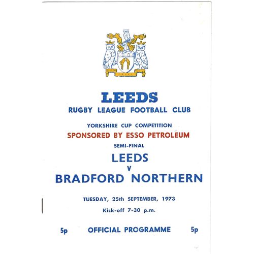 1973 Leeds v Bradford Northern (25/09/1973) Yorkshire Cup Competition Semi-Final Rugby League Programme