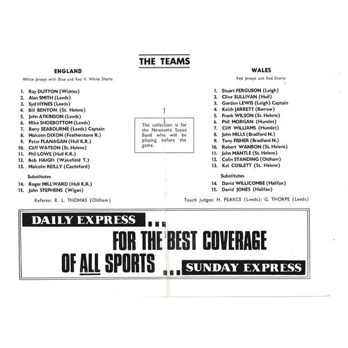 1970 England v Wales (24/02/1970) International Championship Rugby League Programme