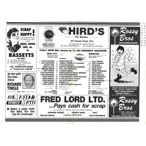 1987/88 Hull v Swinton (21/02/1988) Rugby League Programme