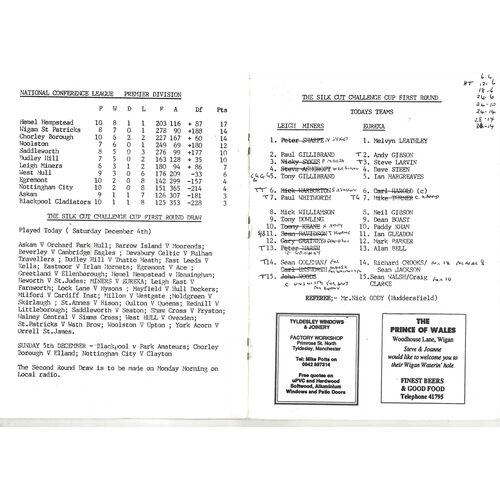 1993/94 Leigh Miners v Eureka (04/12/1993) Silk Cut Challenge Cup 1st Round Rugby League Programme