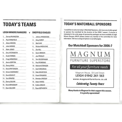 2007 Leigh Miners Rangers v Sheffield Eagles (11/03/2007) Carnegie Challenge Cup Third Round Rugby League Programme