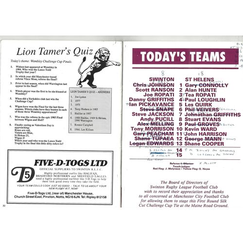 1990/91 Swinton v St. Helens (10/02/1991) Silk Cut Challenge Cup 1st Round Rugby League Programme