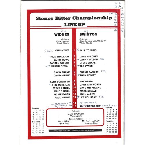1987/88 Widnes v Swinton (25/10/1987) Rugby league Programme