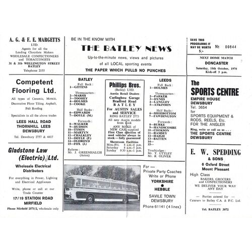 1970/71 Batley v Leeds (26/09/1970) Rugby League Programme