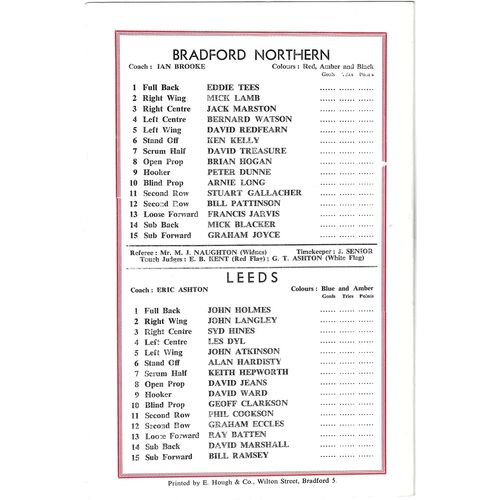 1973/74 Bradford Northern v Leeds (27/10/1973) Captain Morgan Trophy, First Round Rugby League Programme