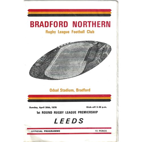 1977/78 Bradford Northern v Leeds (30/04/1978) Rugby League Premiership, First Round Rugby League Programme