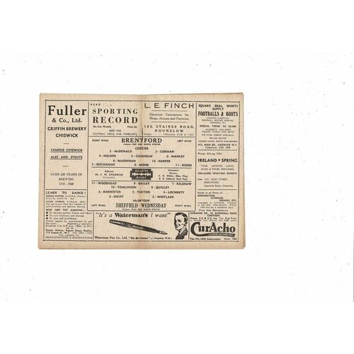 1948/49 Brentford v Sheffield Wednesday Football Programme