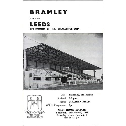 1970/71 Bramley v Leeds (06/03/1971) Rugby league Challenge Cup, Third Round, Rugby League Programme