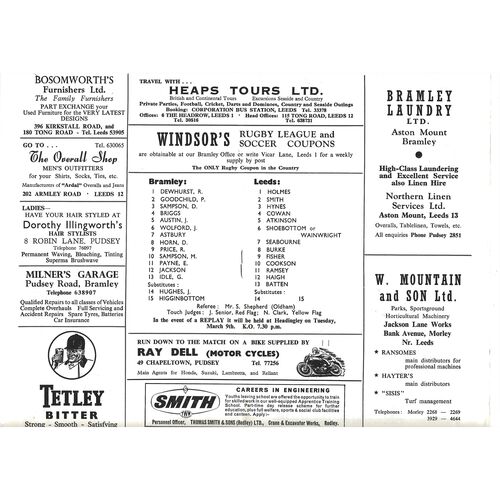 1970/71 Bramley v Leeds (06/03/1971) Rugby league Challenge Cup, Third Round, Rugby League Programme