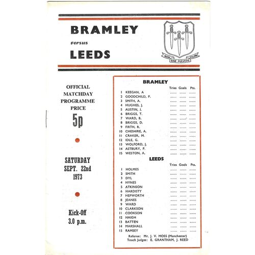 1973/74 Bramley v Leeds (22/09/1973) Rugby League Programme