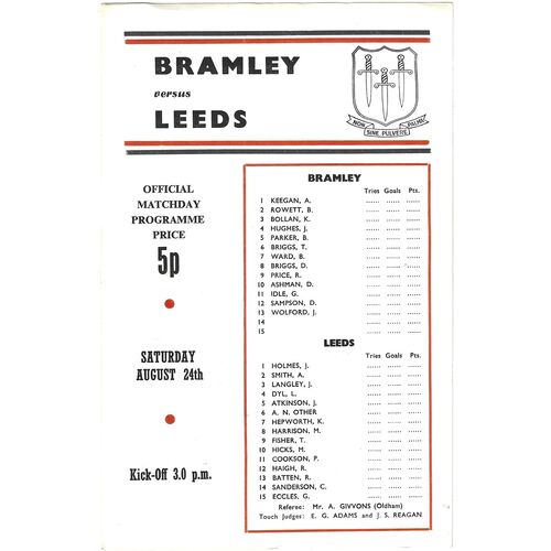 1974/75 Bramley v Leeds (24/08/1974) Rugby League Programme