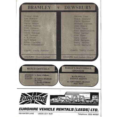 1987/88 Bramley v Dewsbury (09/09/1987) Rugby League Programme