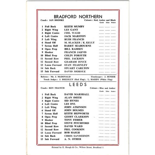 1974/75 Bradford Northern v Leeds (08/12/1974) Player's No. 6 Trophy Competition, 3rd Round Rugby League Programme