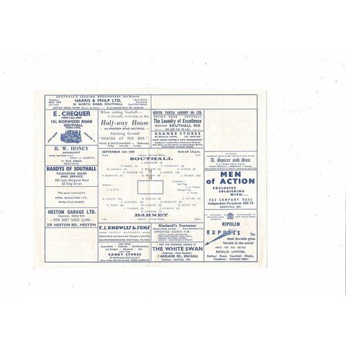 1959/60 Southall v Hendon Athenian League Football Programme